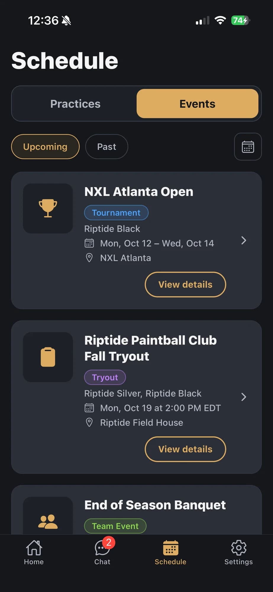 WiredPB app schedule listing upcoming tournament, tryout and team events